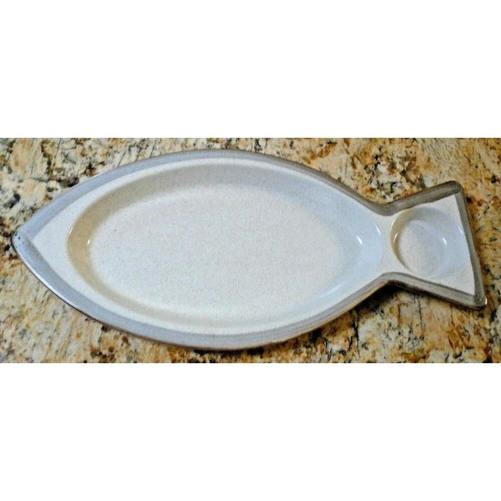 Rego Stoneware Set (s) of 4 Fish Shaped Seafood Server Plates Platters Speckled